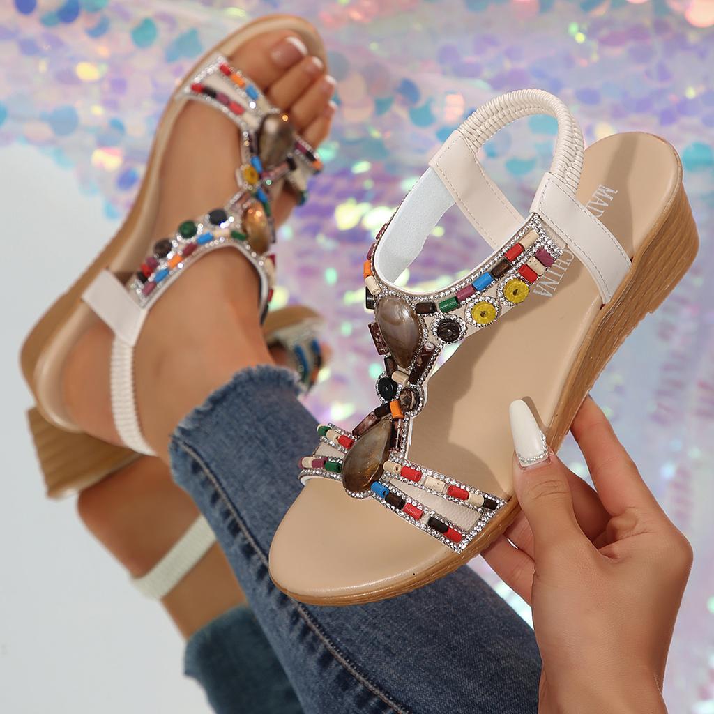 Shoes for Women Summer Women Wedge Sandals Bohemia Rhinestones Casual Platform Sandals Female Peep Toe Outdoor Beach Shoes 34-43