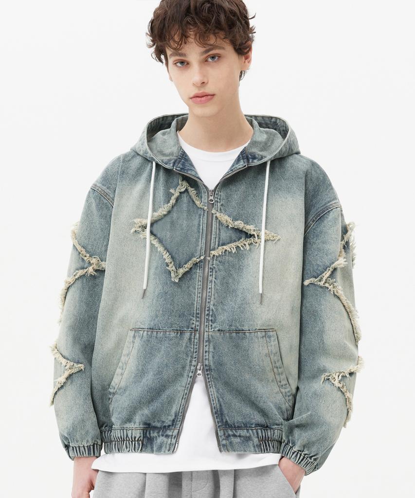 Trillion Star Applique Damaged Wash Denim Jacket (Beige Blue)