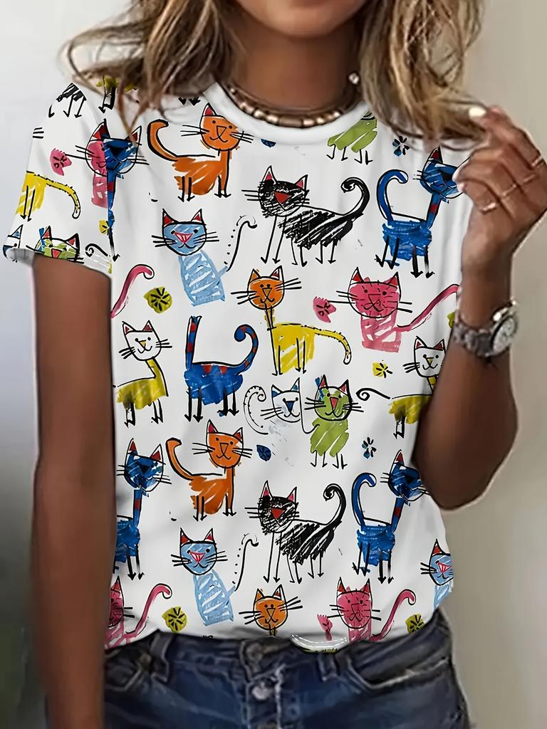 Colorful Cat Art Print Short Sleeve Tops for Women, Casual Round Neck Short Sleeve Tops, Women's Clothing