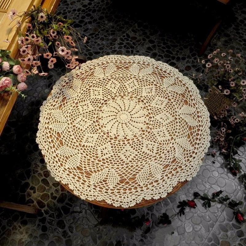 60cm Vintage Handgemaakte Haakwerk Kant Tafelkleed Katoenen Bankhoes En Onderzetters Set Shabby Chic