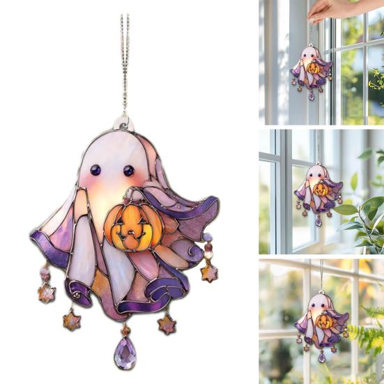 Cute Acrylic Ghost Suncatcher with Pumpkin Stained Glass Window Hanging Decor Halloween Wall Art Panel with Chain for Indoor Home Kitchen Decor
