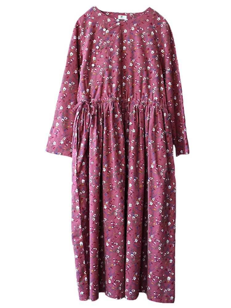Johnature Women Chinese Style Vintage Dresses Long Sleeve Print Floral Robes Spring Button Women Clothes Soft Dresses