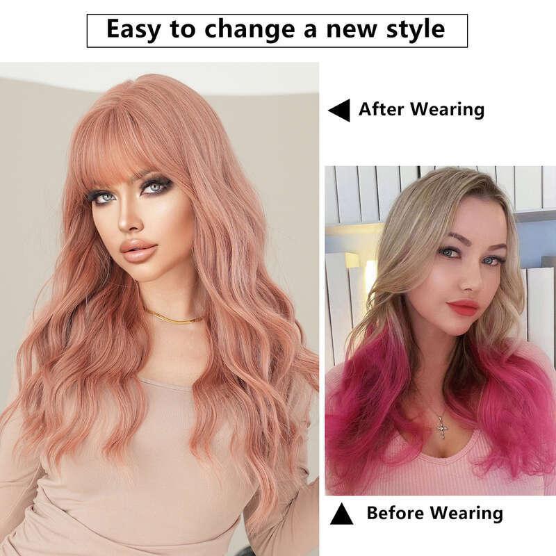 Pink Brown Long Curled Hair Wig Women's Bang Big Wave Natural Full