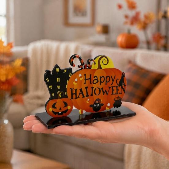 Stable Base Halloween Decor Wooden Tabletop Ornaments, Freestanding Solid Wood Letter Signs, Decorative Table Centerpiece Word Signs with Pumpkin And