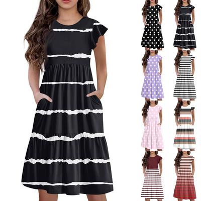 Kinderrock Rundhalsausschnitt Plissee Flatterärmel Kurzarm Prinzessinnenrock Mode Lässig Taschenkleid für Mädchen