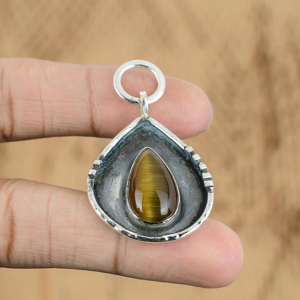 Natural Tiger'S Eye Gemstone Jewelry 925 Sterling Silver Pendant For Women