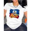 European Size Haiti Flag Letter Print Women's Casual T-Shirt - Knit Polyester Blend, Crew Neck, Short Sleeve, Stretch Fabric, Season Versatile Top
