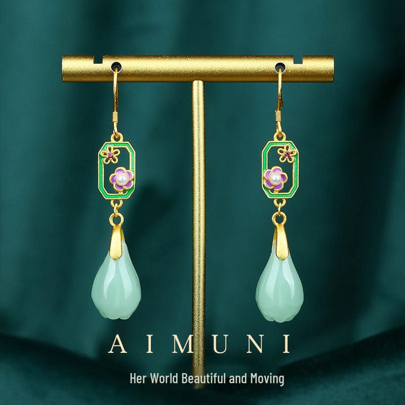 Chinese-Style Cloisonné Imitation Kingfisher Green 925 Silver Needle Earrings for Girls, Qipao, Hanfu, Ma Mian Skirts