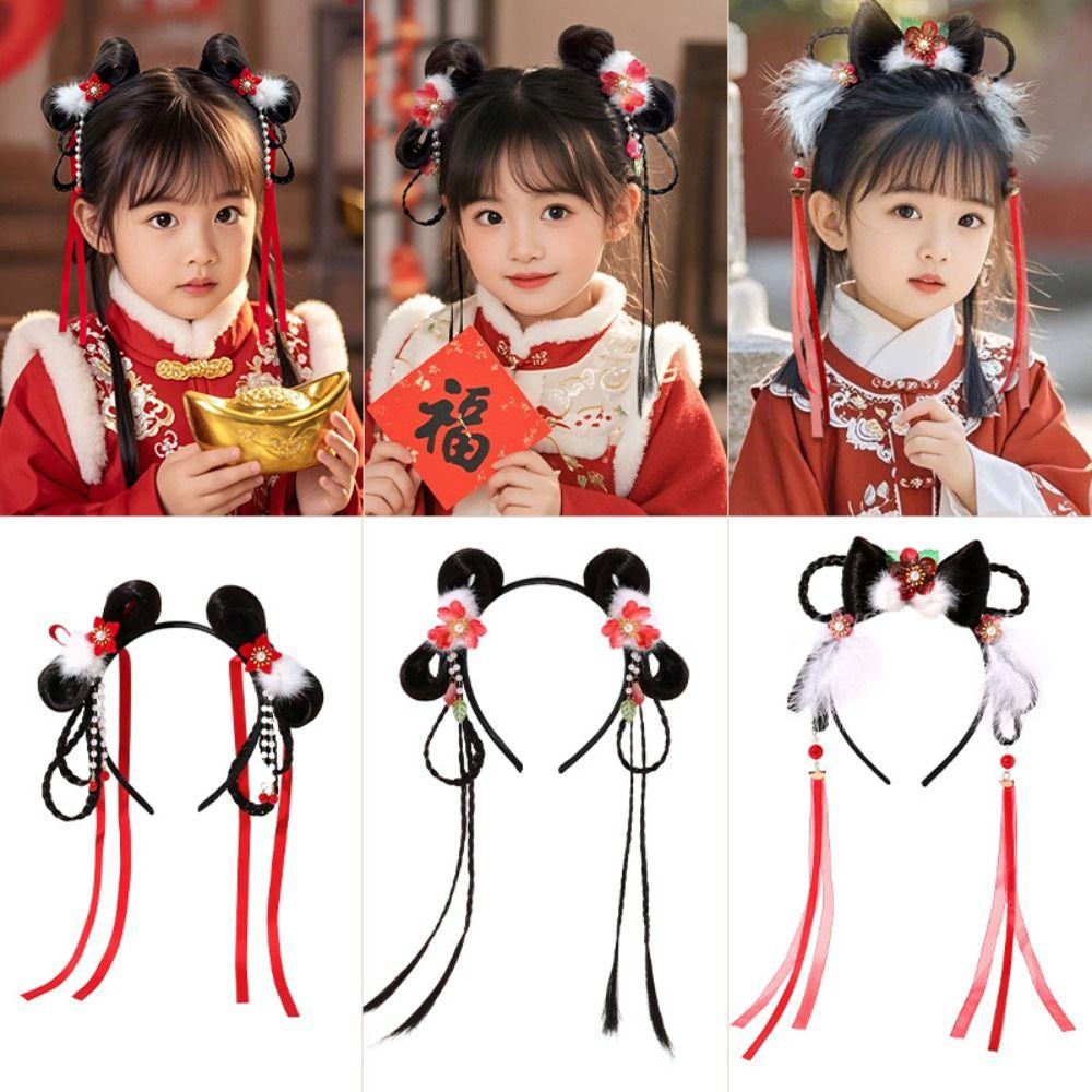 Braid Hair Chinese New Year Headwear Tassel Red Bow Hairband Simple Children Wig Headband  Children