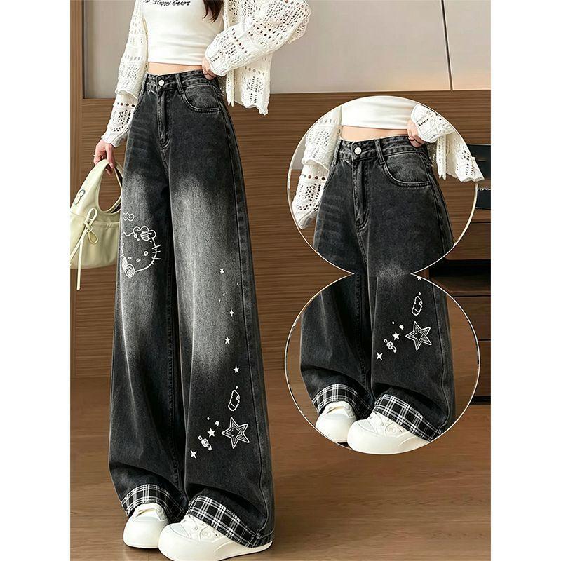 Black jeans women's autumn new cartoon print plaid lapel design loose wide-leg pants