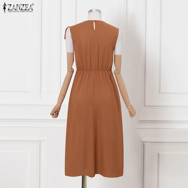 ZANZEA Women Elegant Casual Round Neck Solid Color Sleeveless Dress