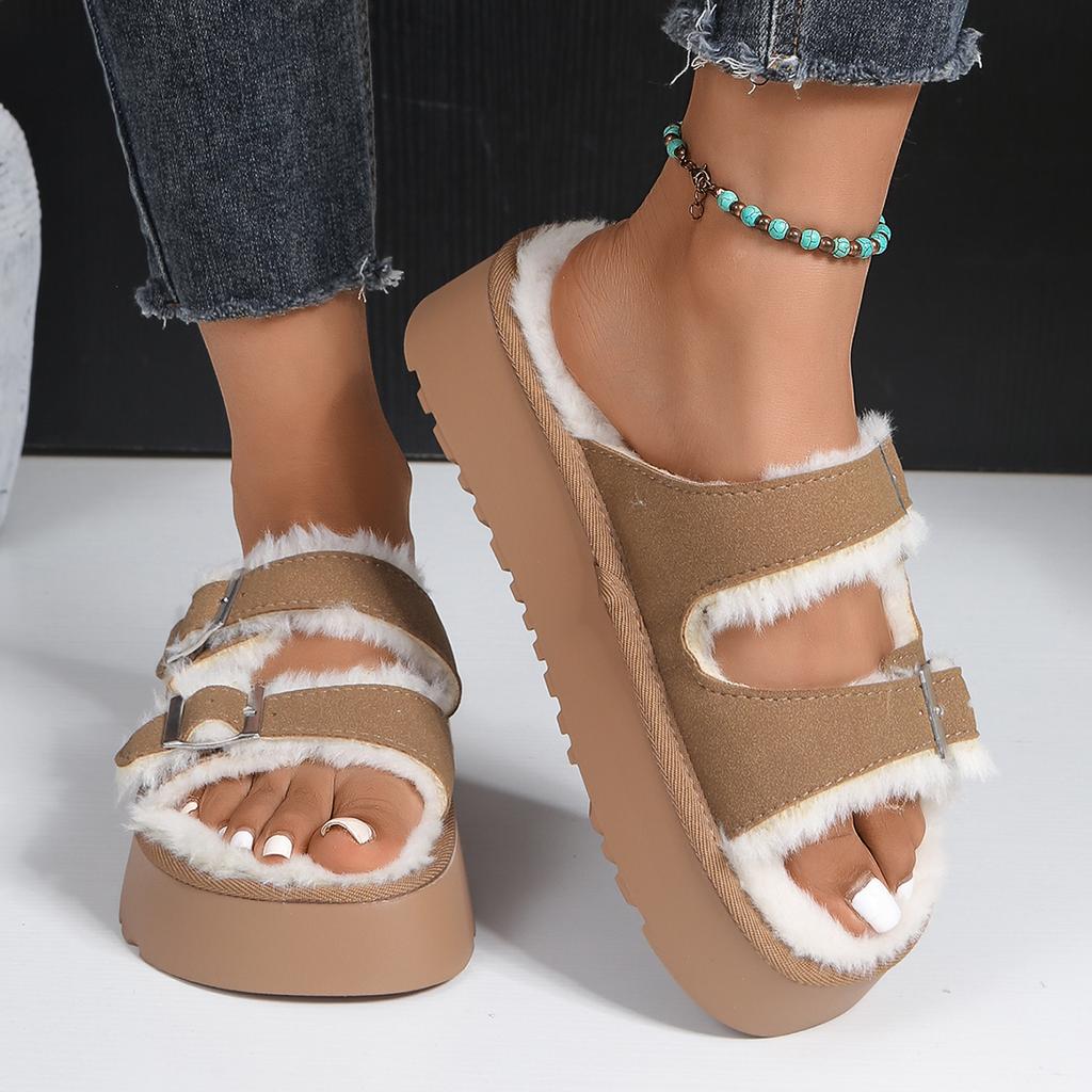 Fashion Platform Women Slippers Fashion Plus Warm Cotton Shoes Women Winter New Round Toe Slippers Open Toe Metal Buckle Slides Women