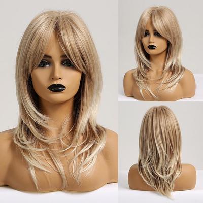 Blonde Golden Synthetic Hair Wigs with Long Bangs Natural Layered Wig For Women Daily Cosplay