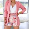 2 Stk./Set Damen Blazer Shorts Set Blumendruck Einfarbig Mantel Lange Ärmel