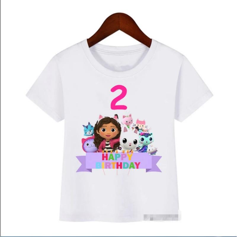Summer  Cute Gabbys Doll House Cartoon Tshirt For Kids Birthday Clothing 2-12 Year  Baby Girls Tshirt Tops