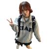 Printed Letter Half-zip Front-opening Crew-neck Pullover Women's Retro Loose-fit Academic Style Hoodless Top, Winter and Autumn Thick Fleece.