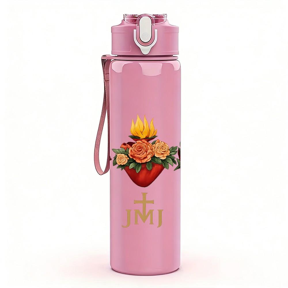 1PC Sacred Hearts JMN Floral 750ml Color Plastic Sports Water Bottle Leakproof Flip Straw Lid Suitable for Sports Office Home Use