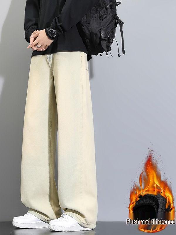 Herren Fleecegefütterte Weitbeinjeans - Unifarben, Lockere Passform, Herbst/Winter Trendiger High Street Stil