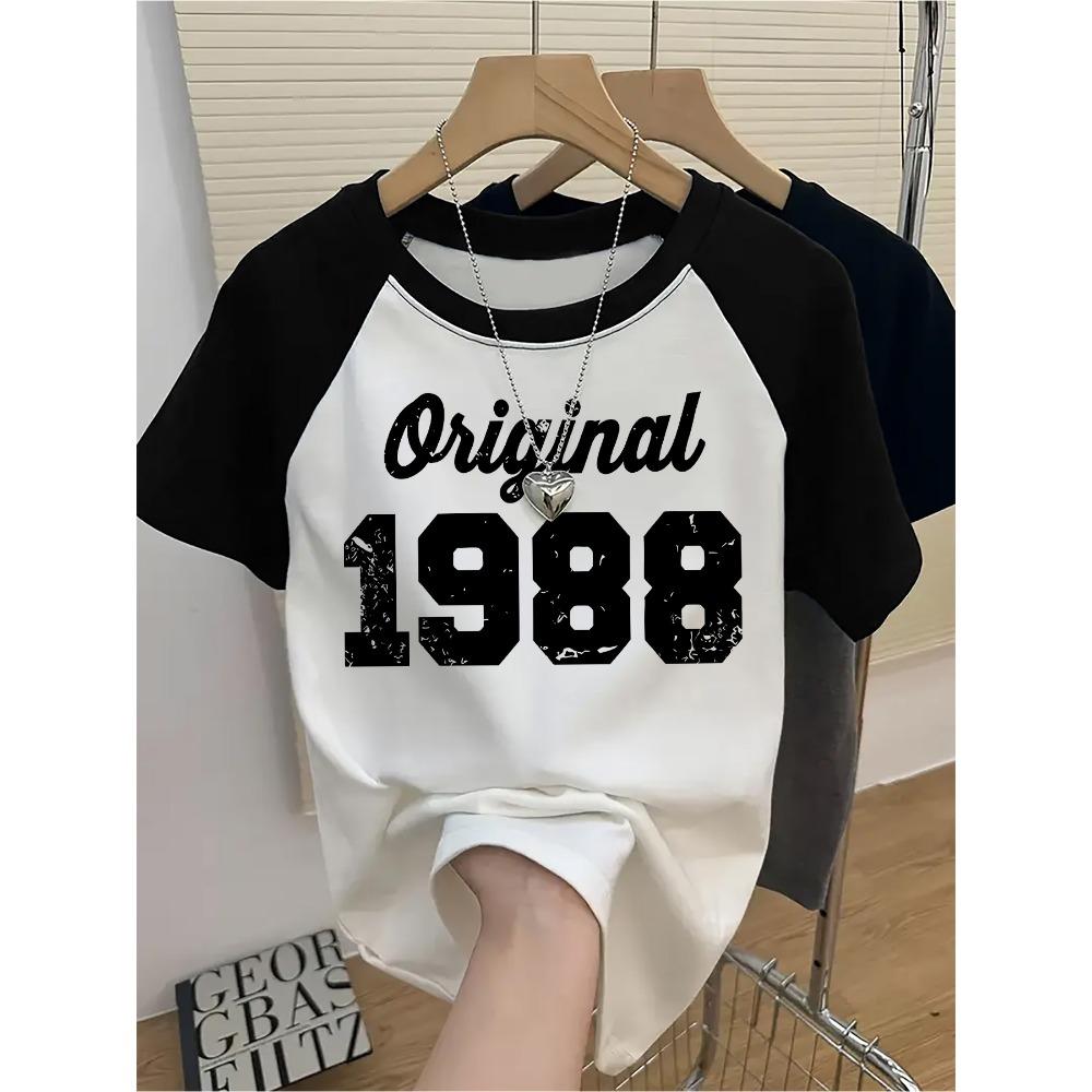 Color-Blocked Black and Women's Fashion T-Shirt Print Casual Short Sleeve T Shirt Vintage Style Y2k Tshirt Clothes Female