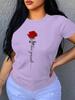 Letter & Rose Print T-Shirt, Crew Neck Short Sleeve T-Shirt, Casual Every Day Tops, WoUnisex Clothing Unisex