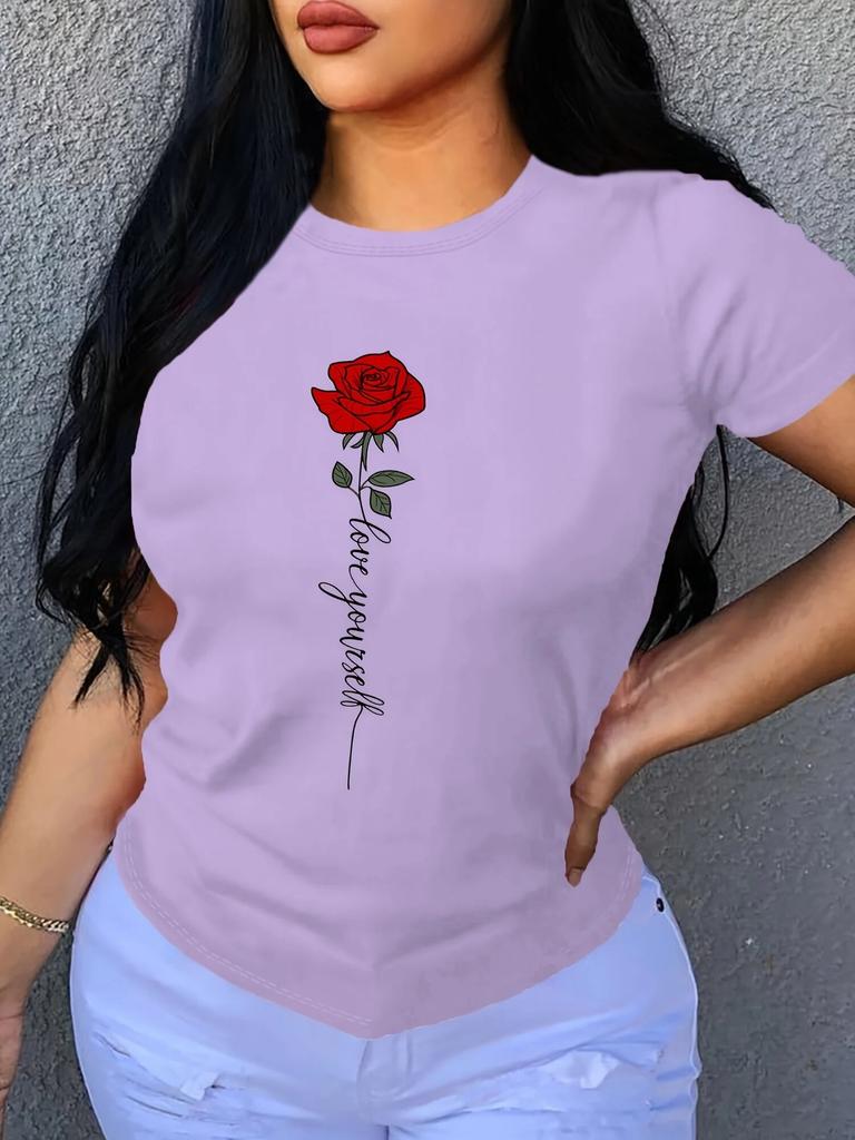 Letter & Rose Print T-Shirt, Crew Neck Short Sleeve T-Shirt, Casual Every Day Tops, WoUnisex Clothing Unisex