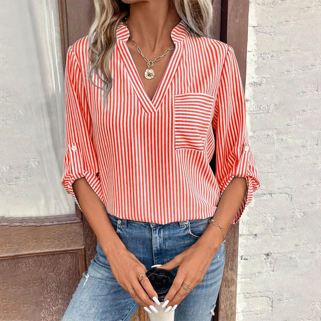 Women's V-neck Pullover Striped Printed Long Sleeved Casual Women's Shirt