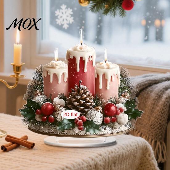 Decorative Holiday Figurines Christmas Candle Ornament, 2D Flat Acrylic Ornament with Base, Tree Decorations Snowman Reindeer Festive Table
