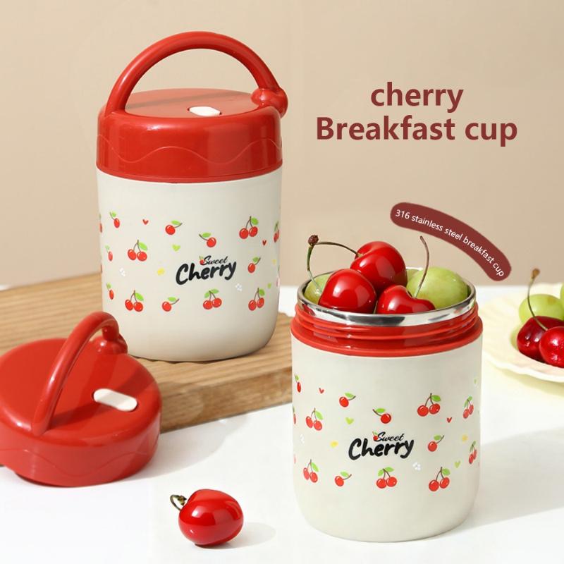 500Ml Cherry 304 Stainless Steel Insulated Lunch Box, Portable Breakfast Cup With Thermal Bag