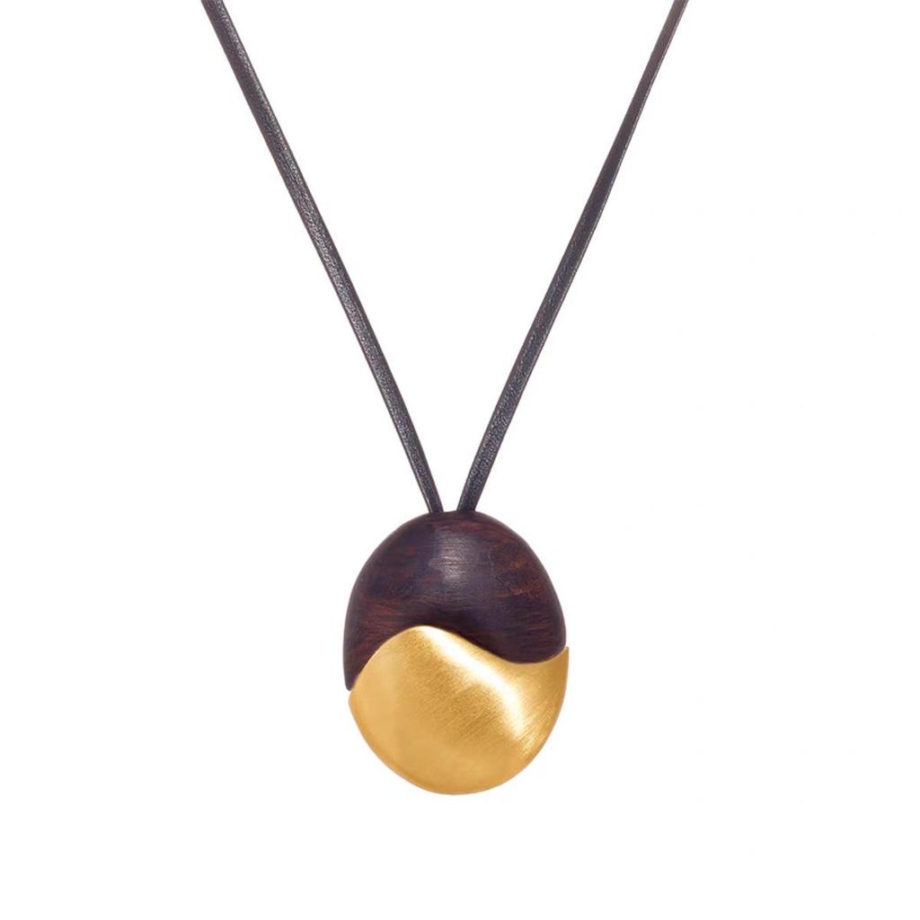 Ebony Wood Leather Cord Necklace: Luxury Long Color Block Pendant for Autumn/Winter Sweaters