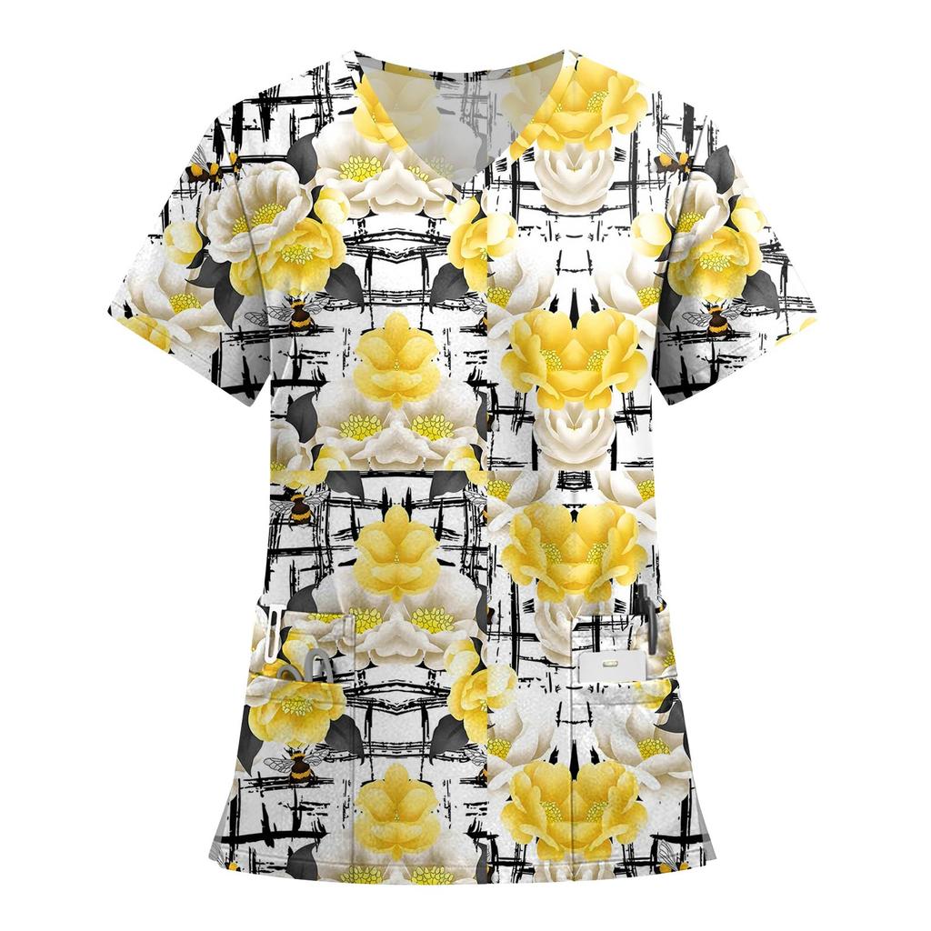 Women's Fashion Printed Short Sleeve V Neck Pattern Tops Pocket Working T-shirts