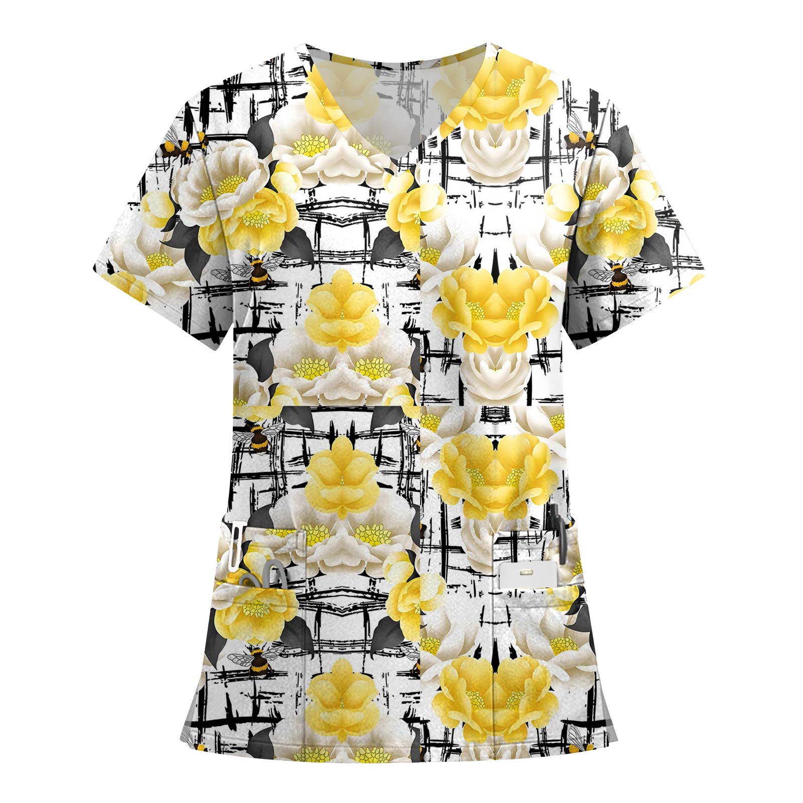 

Женские модные топы с короткими рукавами и V-образным вырезом с принтом, рабочие футболки с карманами XL жёлтый