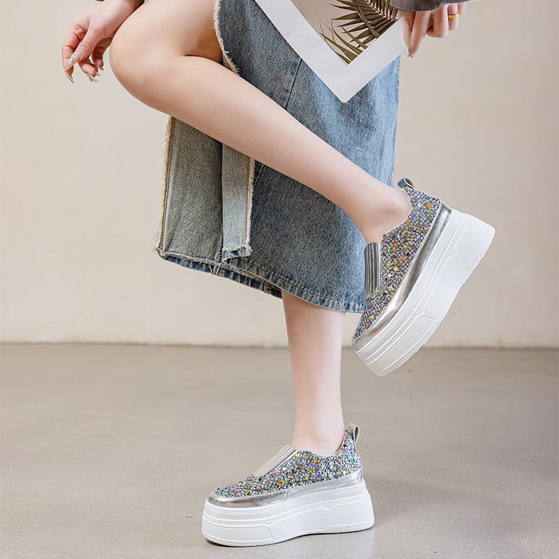 Mode 8.5CM Frühling Mesh Echtleder Damen Vulkanisierte Bling Mode Klobige Sneaker Sommer Strass Casual Plateau Keilschuhe