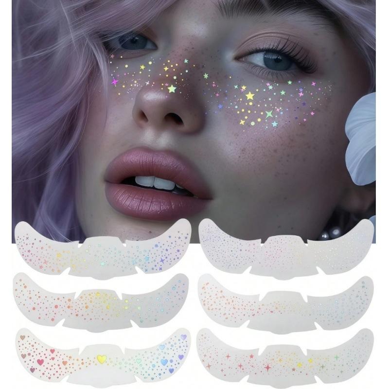 

6 Sheets Glitter Freckles Holographic Stickers Heart Freckle Tattoos Glitter Stickers Waterproof Temp Tattoos