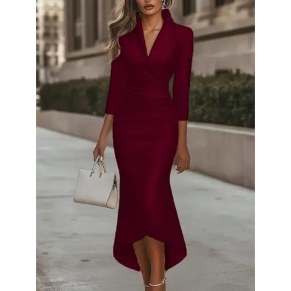 New Autumn Style Elegant Solid-color Long-sleeved V-neck Dress