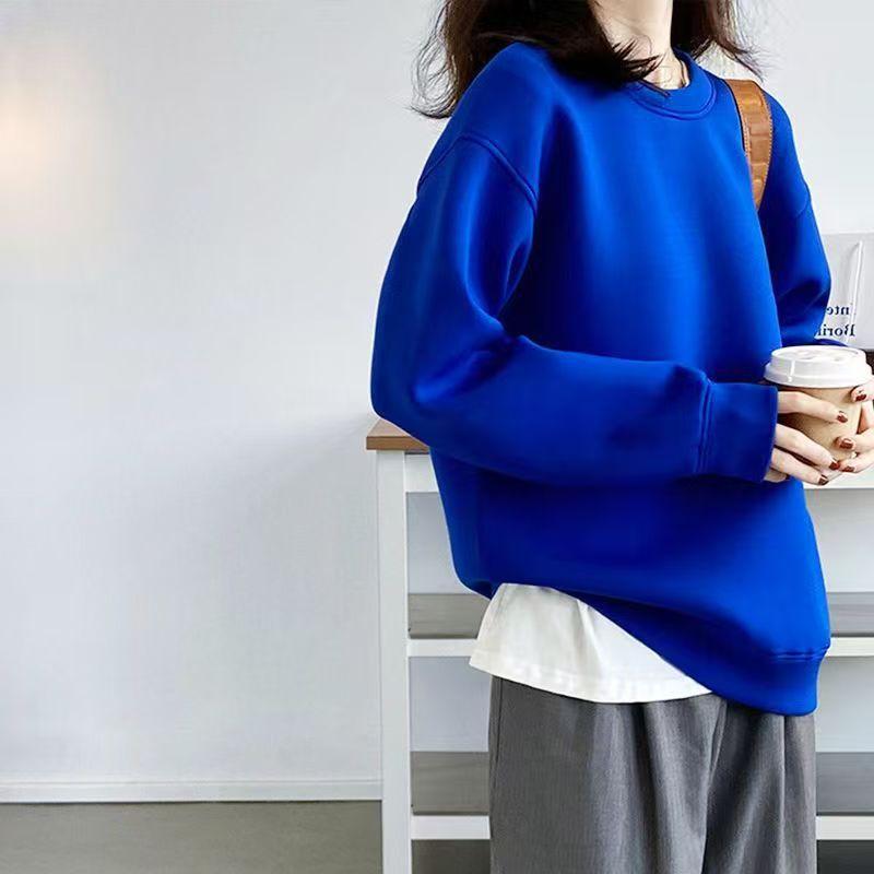 Spring Autumn New Style Loose Crew Neck Pullover Hoodie Women Oversize Unhooded Solid Color Fashion Versatile Base Shirt Top