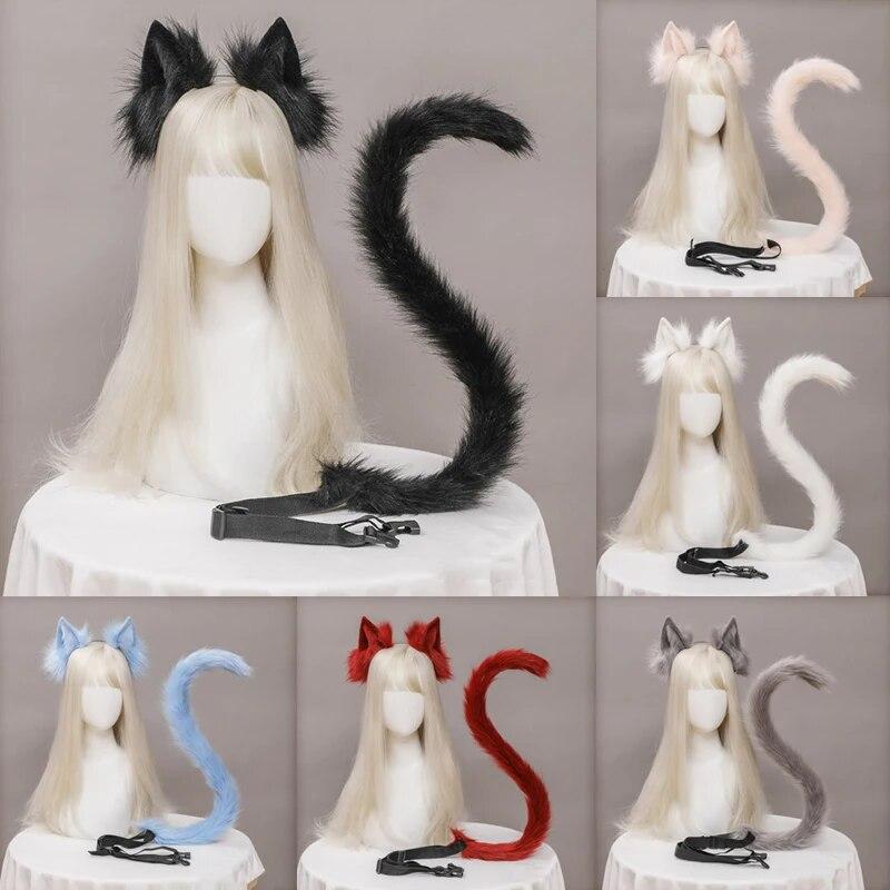 

Комплект из плюшевых кошачьих ушей и хвоста, костюм для косплея, милый головной убор, повязка на голову в стиле Лолиты, каваи, имитация ушей животных, реквизит на Хэллоуин, головные уборы
