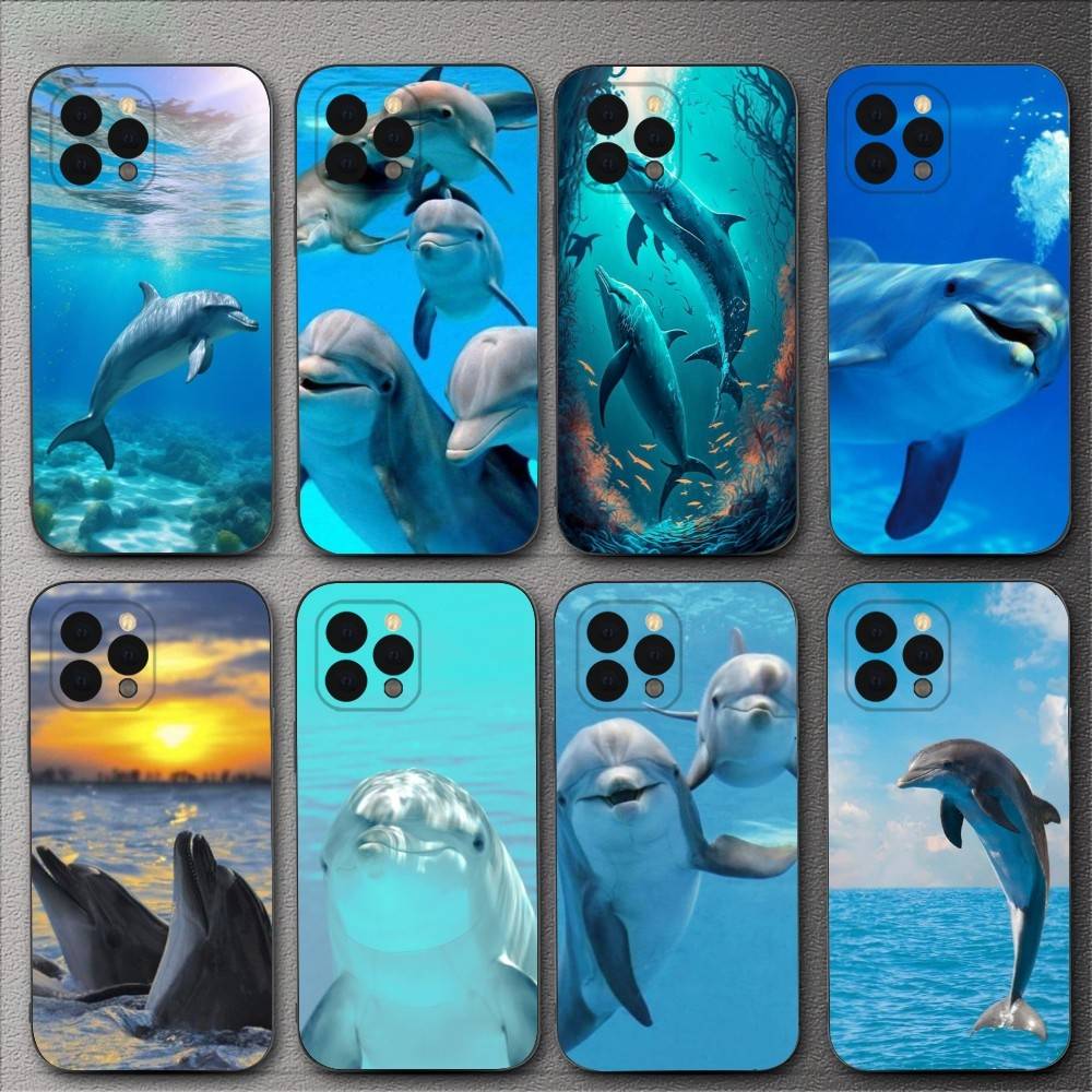 sea animal cute dolphin Phone Case For iPhone 16,15,14,13,12,11,XS,XR,X,8,7,Pro,Max,Plus,mini Silicone Black Cover