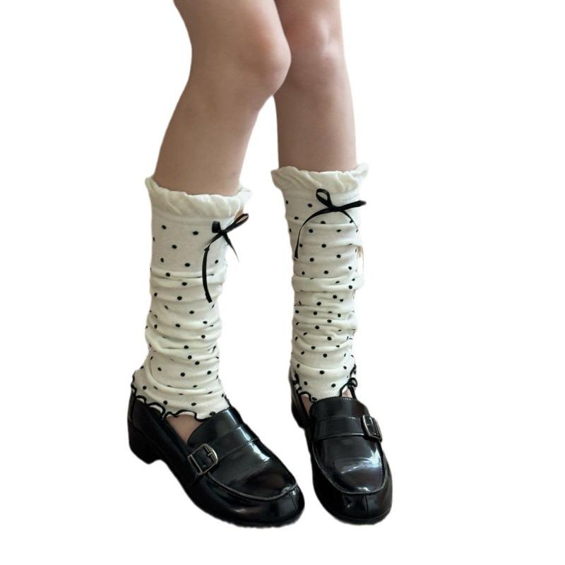 2 Pairs of Retro Polka Dot Sock Covers, Bow Pile Socks, Double-needle Socks, Slimming Leg Covers for Women