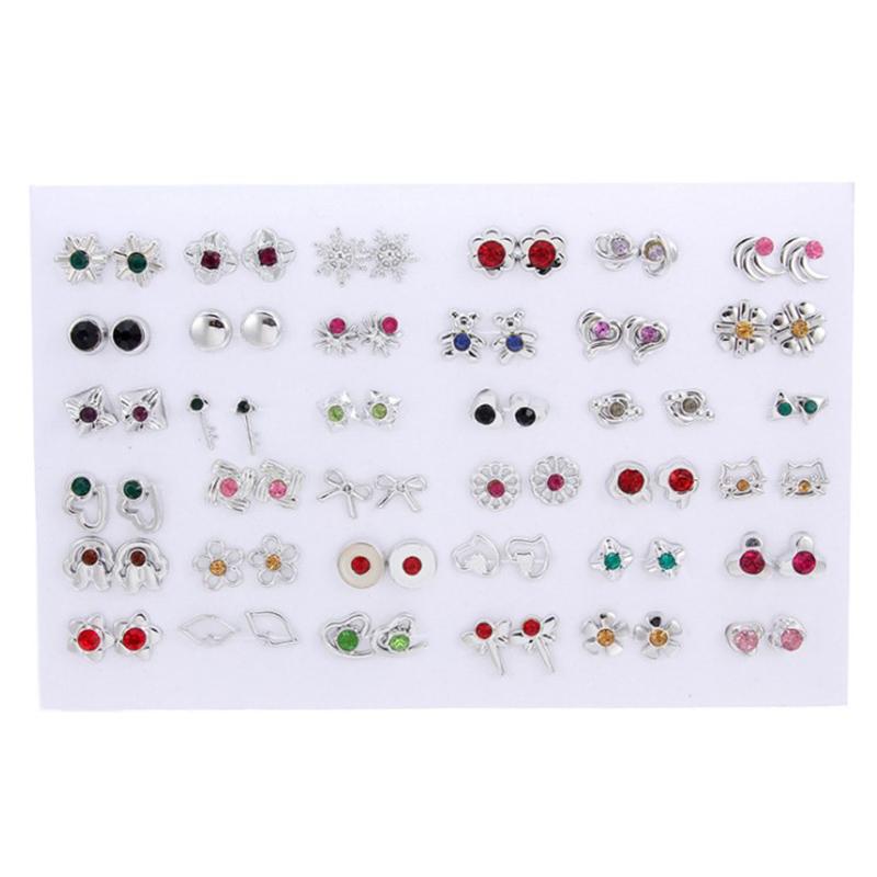 36Pairs Mixed Earrings Crystal Rhinestone Bear Butterfly Bowknot Flower Heart Stud Earrings
