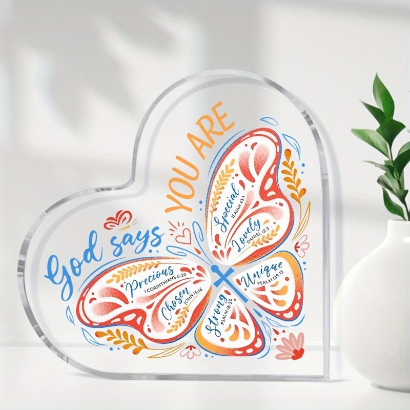 2D Flat, Christian Bible Verse Heart Acrylic Tabletop Decor Plaque, Butterfly Design, Home Decor Plaque Hanging Wall Art Decorative Garden Decoration