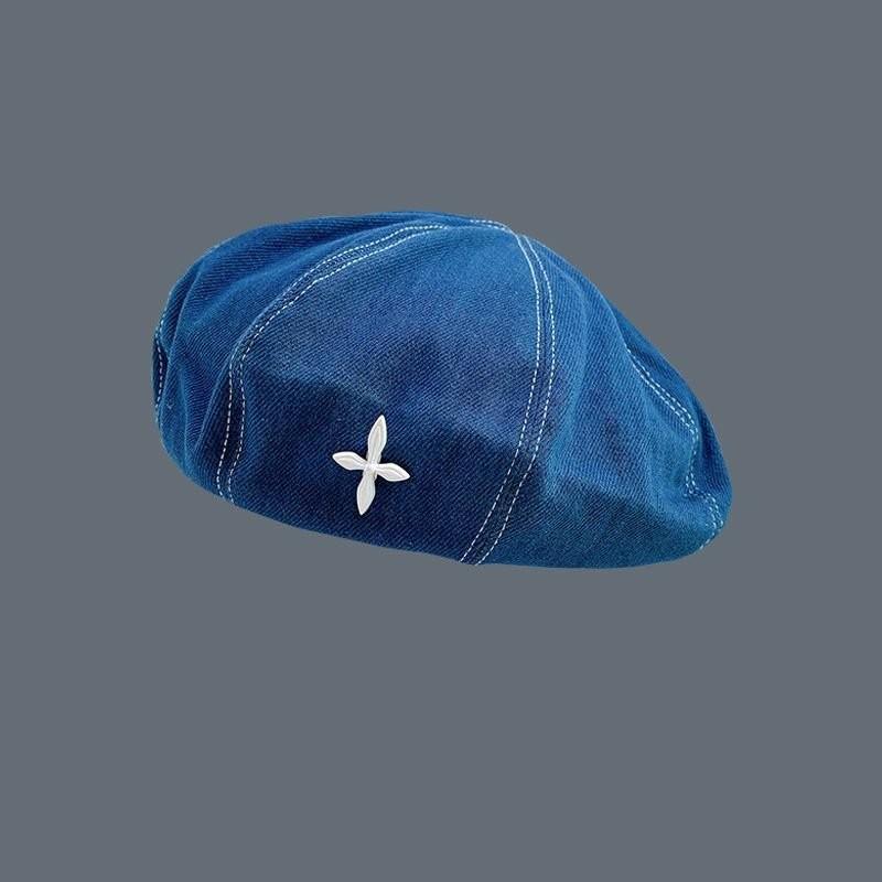 Washed denim hat women's autumn versatile beret retro octagonal hat big head circumference showing face small painter hat