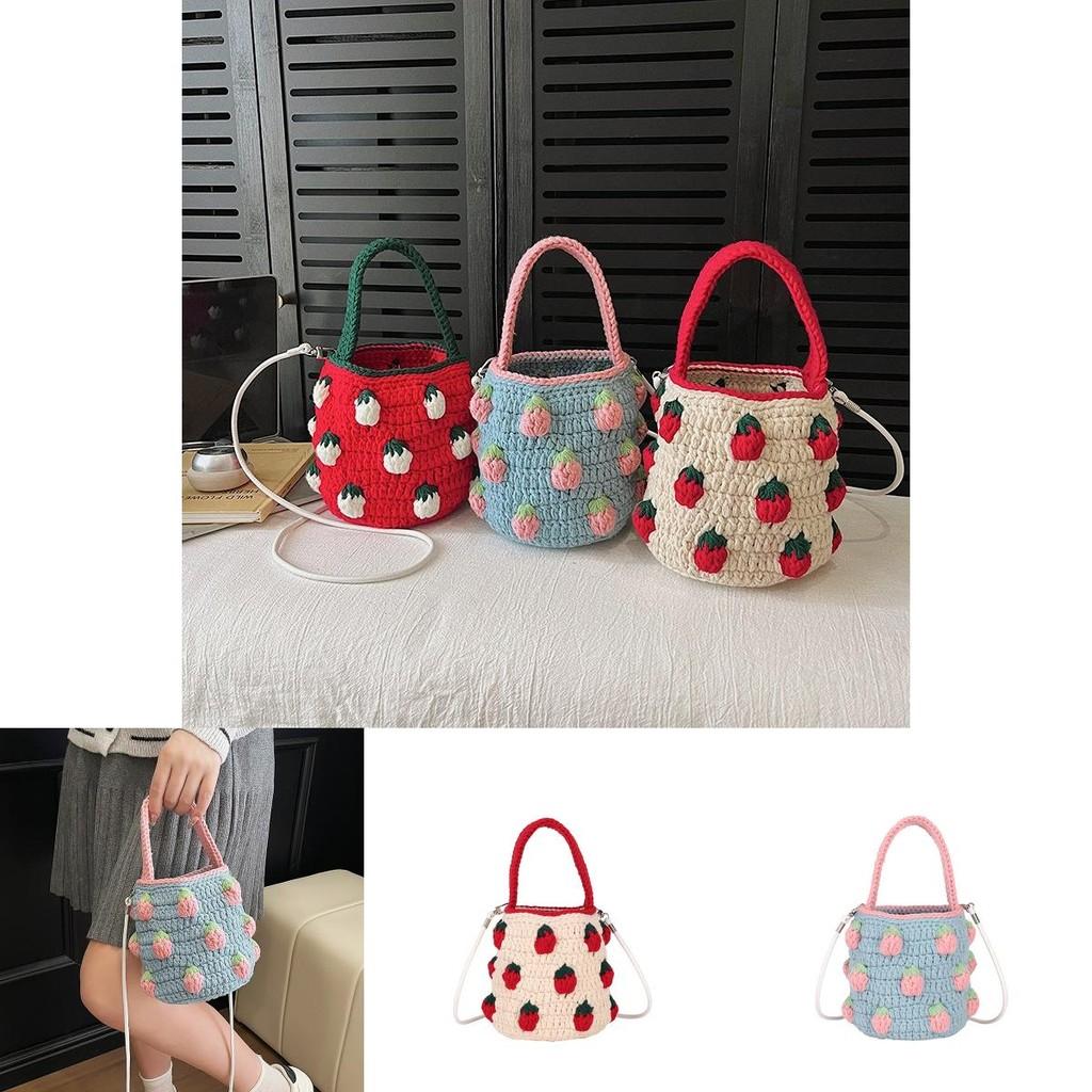 Cute Color Blocking Strawberry Pattern Women Knit Handbag For Daily Use