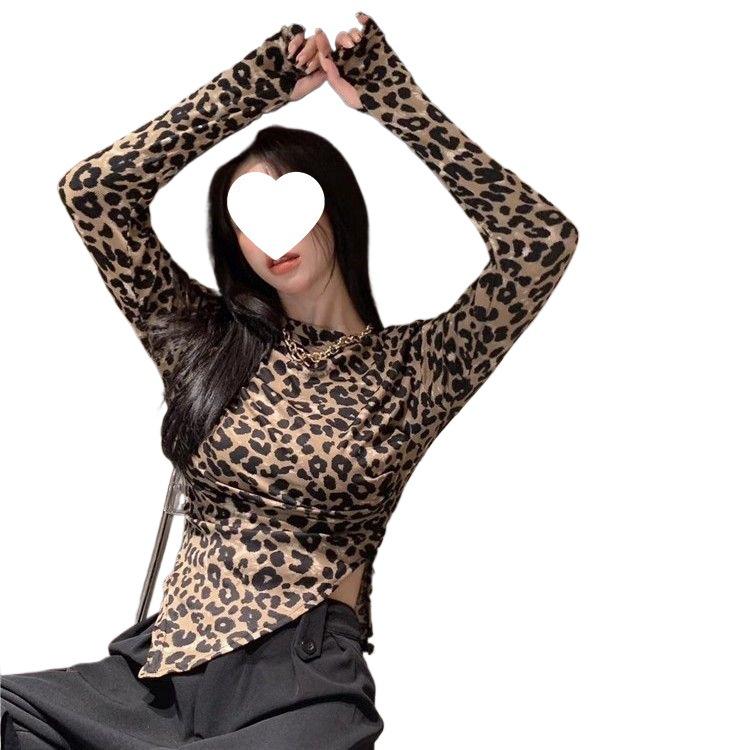 Leopard Print Irregular Long Sleeve Slimming Top for Women