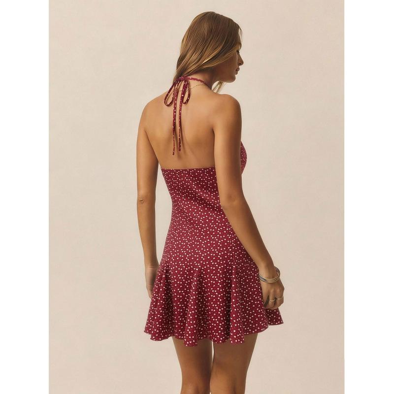Summer new burgundy polka dot floral dress, waist ruffle edge short skirt for women