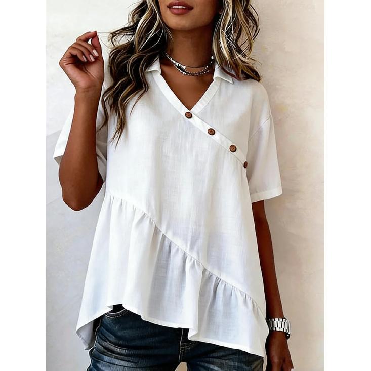 2026 New Elegant Simple V-neck Women s Short Sleeve Solid Color Casual Loose Top S белый