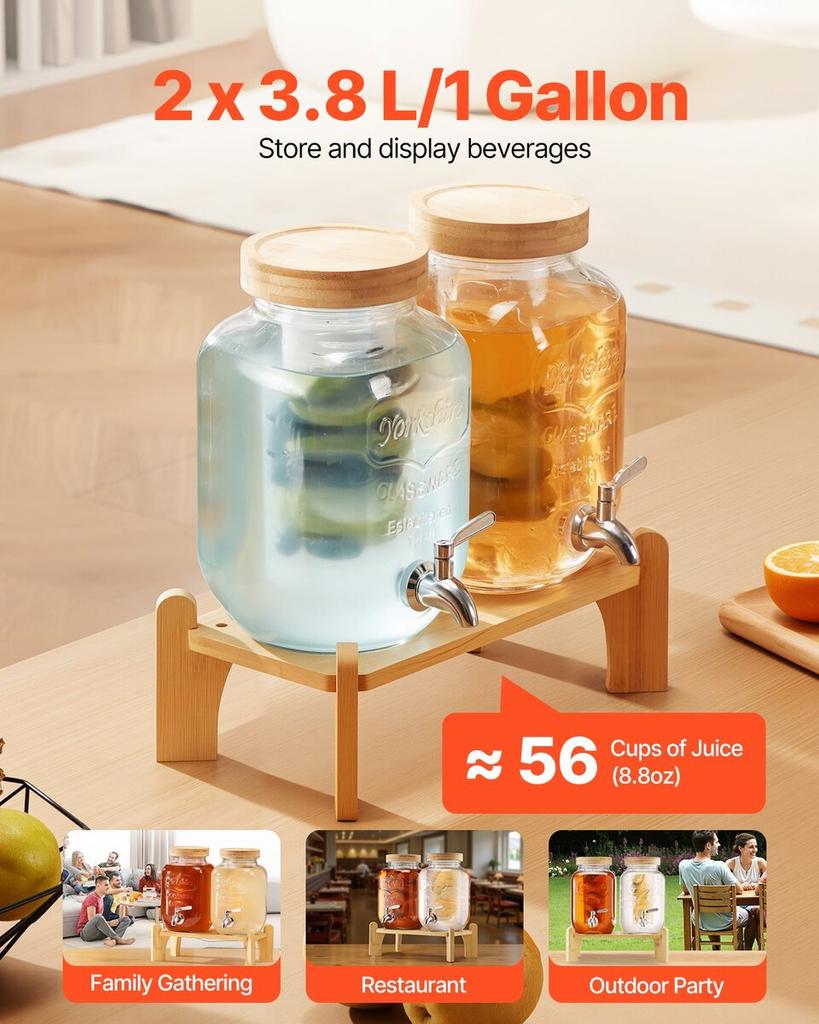 Drink Dispenser 3.8L Beverage Dispenser for Parties Glass with Stand 2PCS