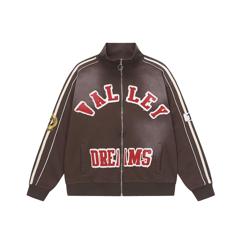 

VibeStreet Letter Embroidery Front Pocket Zipper Stand Collar Sweatshirts Jacket for Men Streetwear Loose Cotton Oversized Hoodie Coat S коричневый