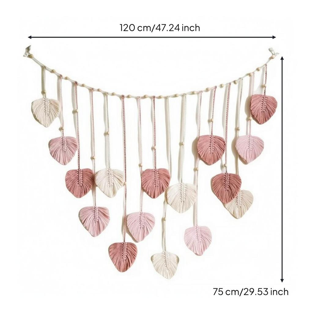 Cotton Rope Wall Hanging with Leaf Ornaments Handmade for Bedroom, Studio