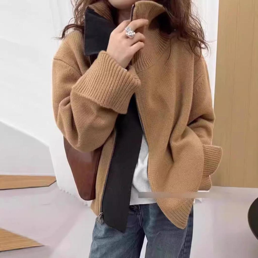 2024 Women's High Neck Asymmetrical Zipper Wool Cardigan - Cozy Loose Fit Sweater Jacket for Autumn/Winter, Korean Lazy Style