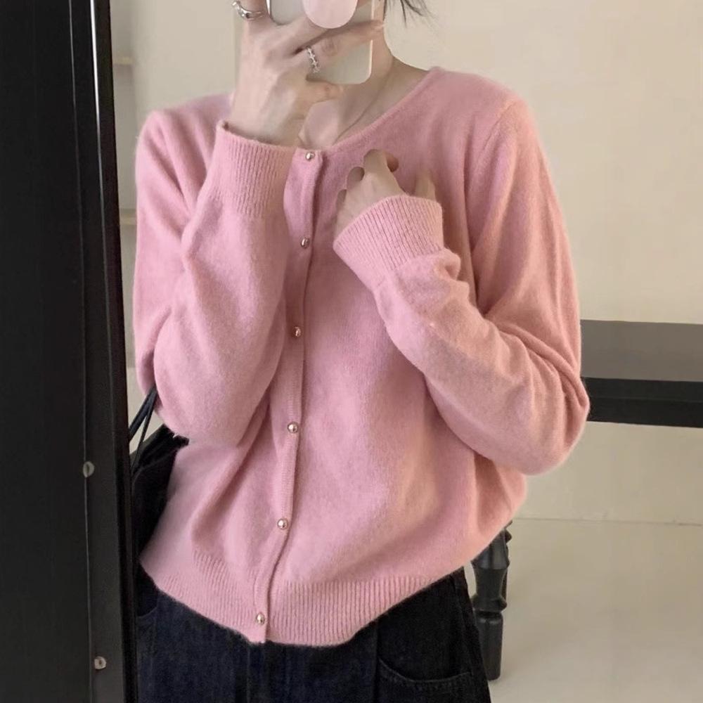 Korean Style Wool Cardigan - Women's Round Neck Knit Sweater, Slim Fit, Short Cashmere Layer for Spring & Autumn.